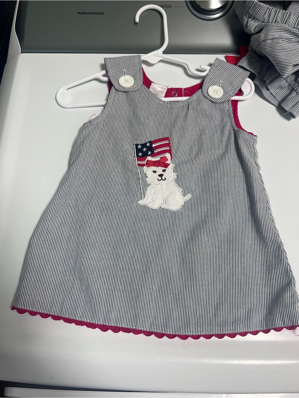Striped Navy & White Puppy Appliqué Girls' Matching Set with Red Trim